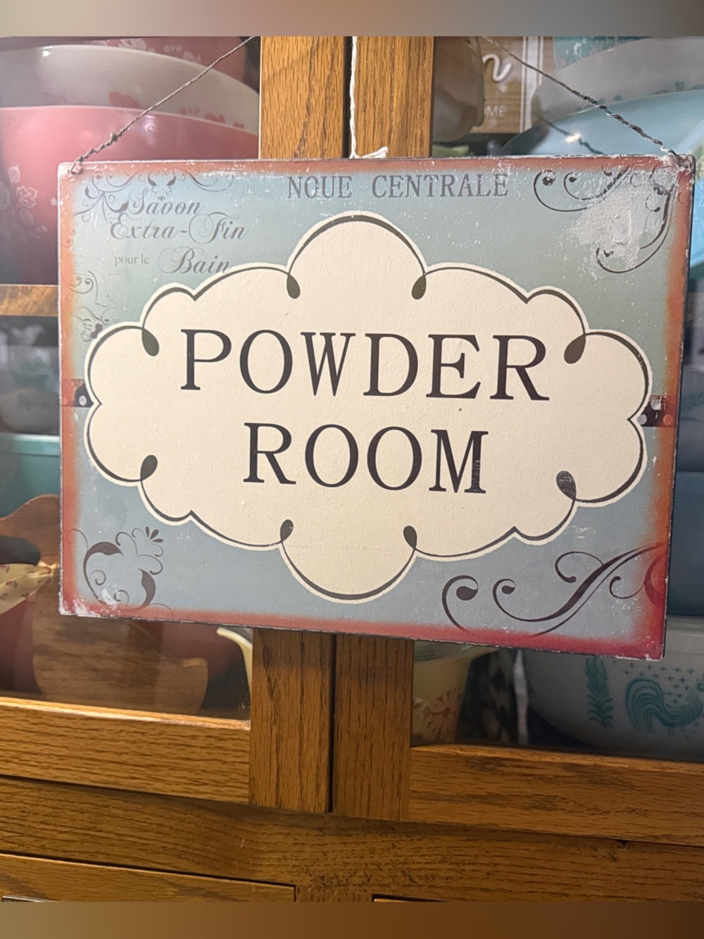 Powder Room Hanging Sign - Vintage Style Blue & Cream